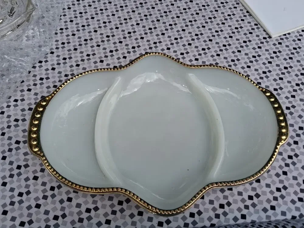 Fire-King Anchor Hocking Oven Ware Milk Glass Divided Dish-Gold Trim 11